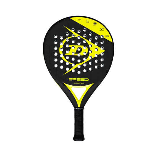 Dunlop Speed Attack 2.0 padelracket in zwart en geel, ideaal voor geavanceerde spelers, bestelpadel aanbieding.